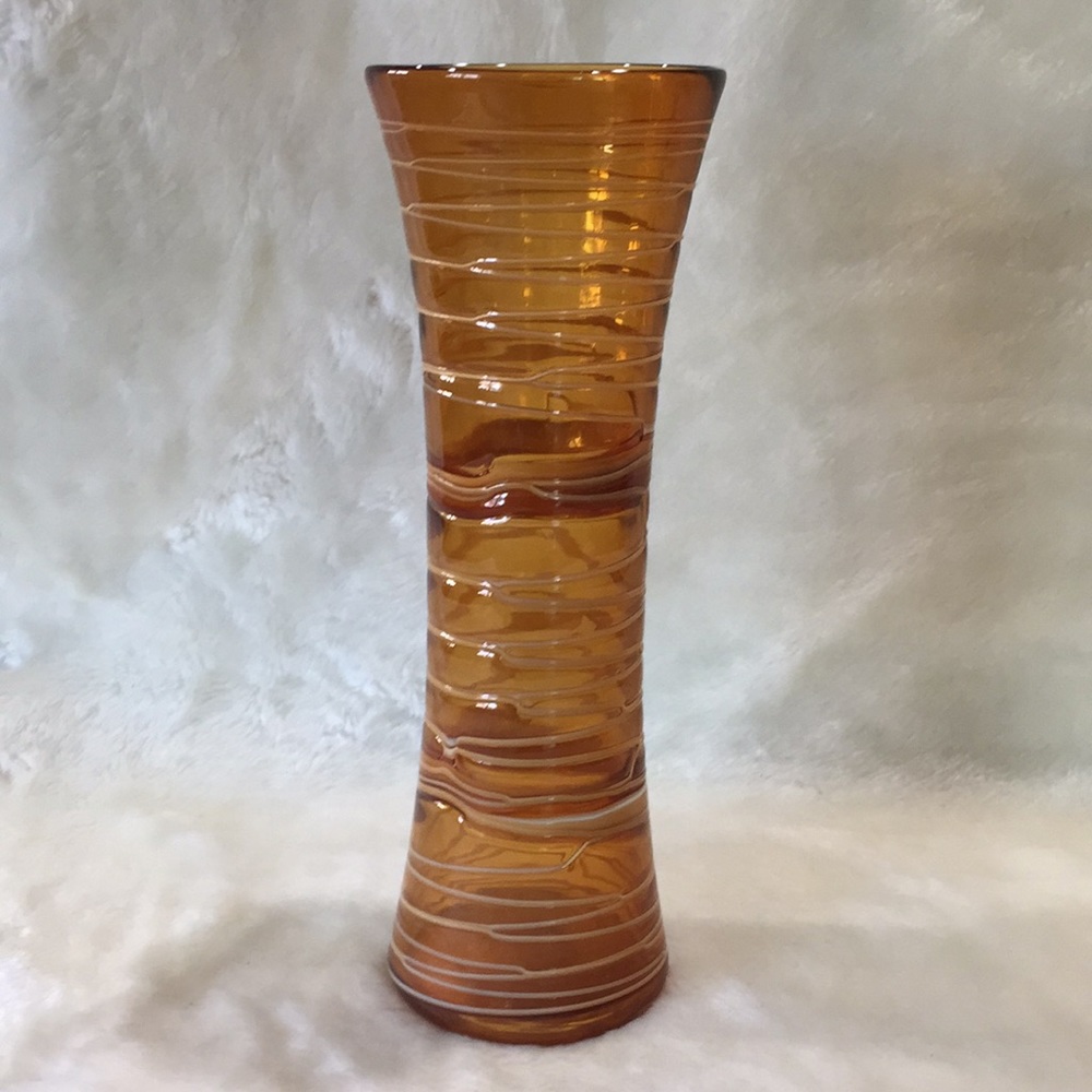 🔸Murano Style Amber Threaded Handblown Vase 11.5”